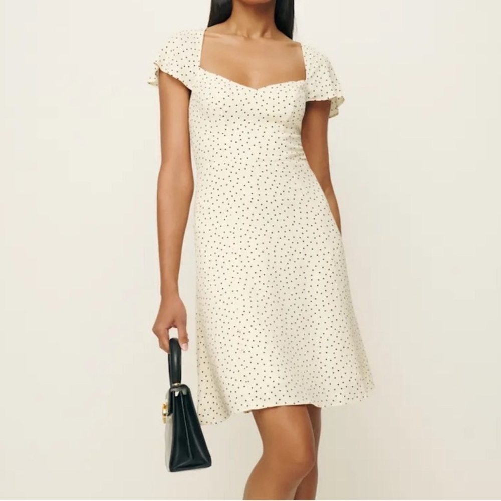 Reformation Cream Mini Dress with Black Polka Dots